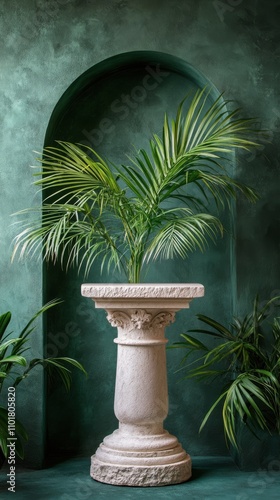 Minimalist display featuring stone pedestal and arch on green textured wall w...