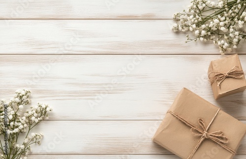 Floral arrangement with kraft paper bag and twine on a wooden backdrop