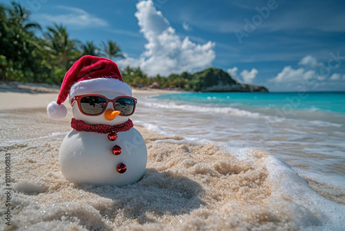 Image of funny snowman standing on the sandy beach tropical climate ai generative