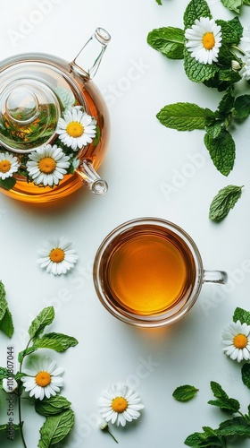 Herbal tea preparation with chamomile flowers and mint leaves in a calming di...