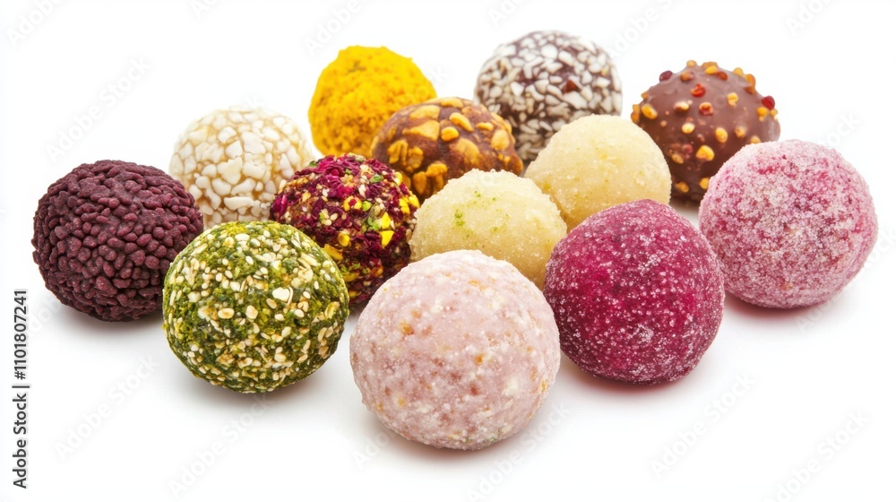 Handmade Laddu sweets isolated on white, focusing on texture Handmade Laddu sweets isolated on white, focusing on texture