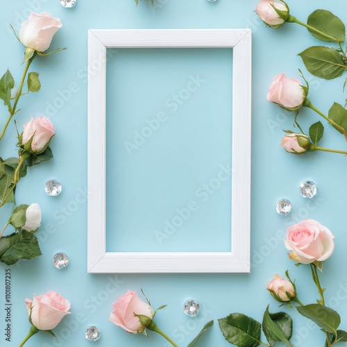 Floral decoration with white frame and pastel roses on soft blue background