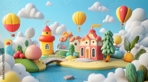 Whimsical Cartoon Village with Hot Air Balloons and Clouds