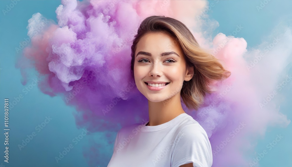 Young woman enveloped in a vibrant cloud of purple and pink smoke, set against a soft pastel blue background, showcasing a creative, dreamy, and surreal aesthetic in vivid detail. Young woman enveloped in a vibrant cloud of purple and pink smoke, set against a soft pastel blue background, showcasing a creative, dreamy, and surreal aesthetic in vivid detail.