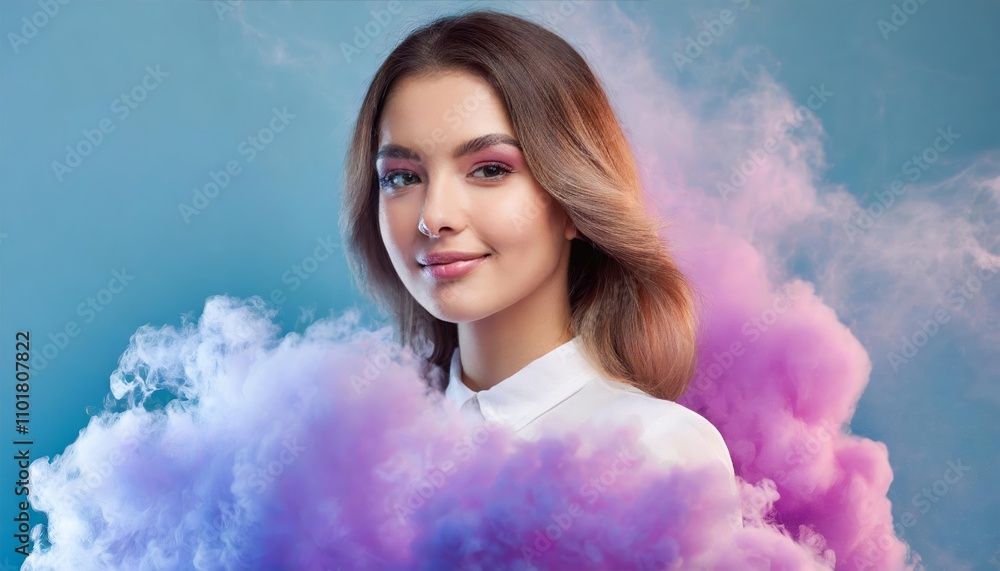 A vibrant portrait of a young woman surrounded by a dreamy purple-pink cloud of smoke, set against a minimalist pastel blue background, creating a surreal and ethereal visual atmosphere. A vibrant portrait of a young woman surrounded by a dreamy purple-pink cloud of smoke, set against a minimalist pastel blue background, creating a surreal and ethereal visual atmosphere.