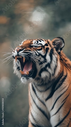 Majestic tiger roaring with intensity against a blurred background at dusk