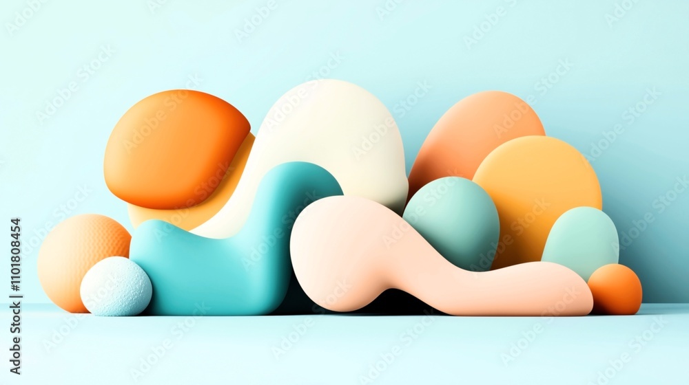 Fototapeta premium Abstract composition with smooth, colorful shapes in pastel tones on a light blue background, featuring curved and rounded forms resembling fluid sculptures or organic elements.