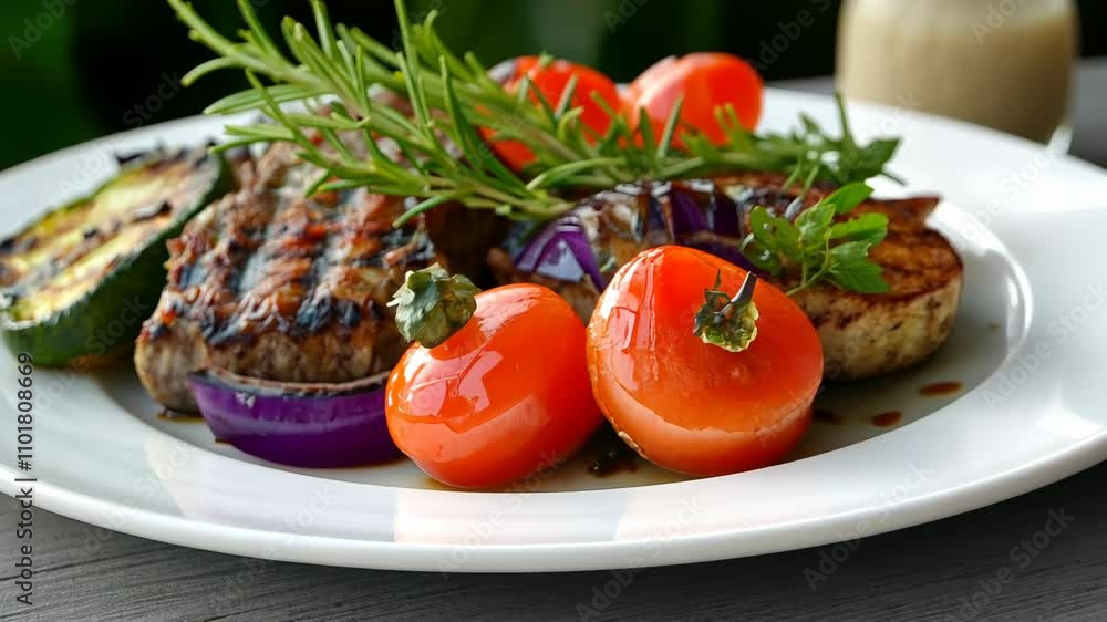 Grilled steak and vegetables served on a white plate with fresh herbs in a natural setting Grilled steak and vegetables served on a white plate with fresh herbs in a natural setting