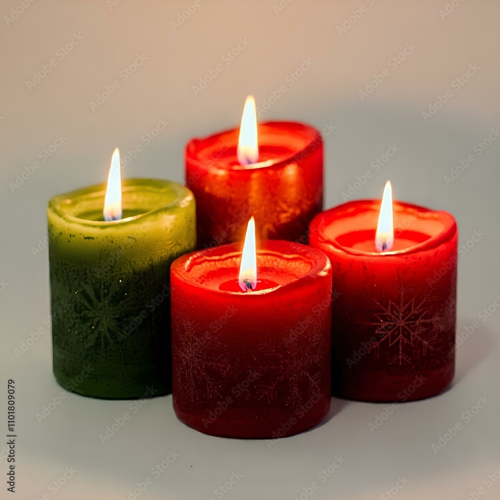 Vier romantische Kerzen mit flackerndem Licht, die sanfte Wärme in die Dunkelheit bringen. Die Kerzen stehen auf einem dunklen Hintergrund und erzeugen eine festliche Atmosphäre, ideal für Weihnachten Vier romantische Kerzen mit flackerndem Licht, die sanfte Wärme in die Dunkelheit bringen. Die Kerzen stehen auf einem dunklen Hintergrund und erzeugen eine festliche Atmosphäre, ideal für Weihnachten