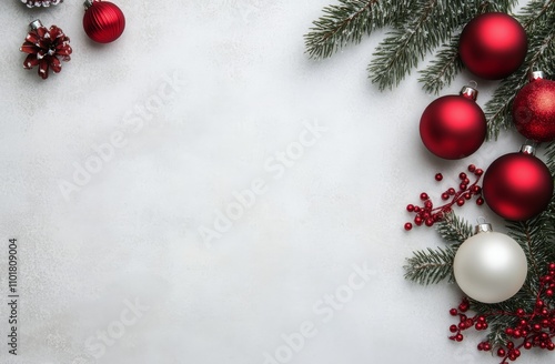 Festive holiday decorations with red ornaments and pine branches on a light b...