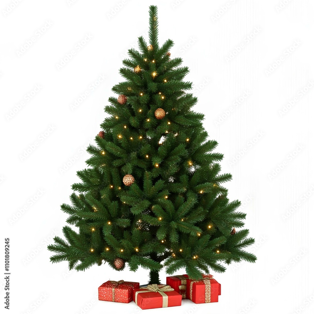 Ein wunderschön dekorierter Weihnachtsbaum, isoliert auf einem weißen Hintergrund. Der Baum ist mit festlichen roten und goldenen Ornamenten sowie strahlenden Lichtern geschmückt, die eine klassische Ein wunderschön dekorierter Weihnachtsbaum, isoliert auf einem weißen Hintergrund. Der Baum ist mit festlichen roten und goldenen Ornamenten sowie strahlenden Lichtern geschmückt, die eine klassische
