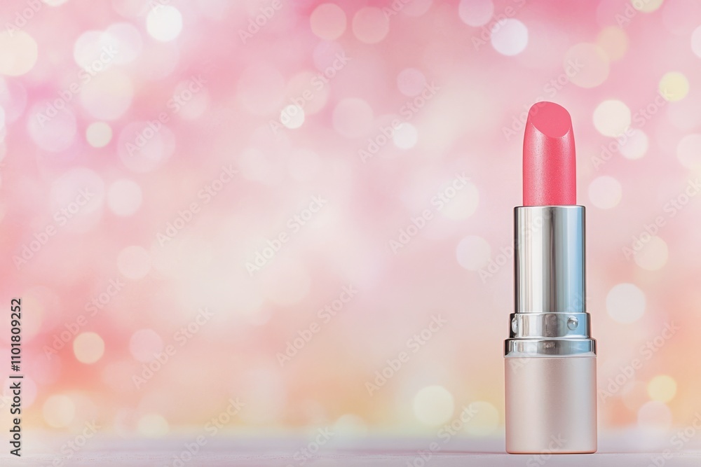 Pink lipstick on a pastel background with flowers and greenery