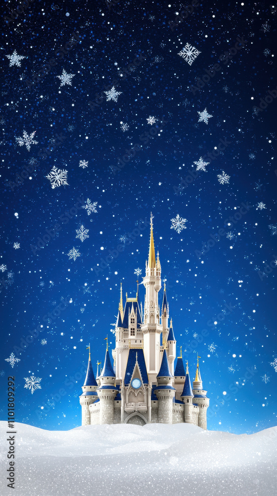 whimsical winter fairy tale background featuring majestic castle surrounded by snowflakes and starry night sky, evoking sense of magic and wonder whimsical winter fairy tale background featuring majestic castle surrounded by snowflakes and starry night sky, evoking sense of magic and wonder