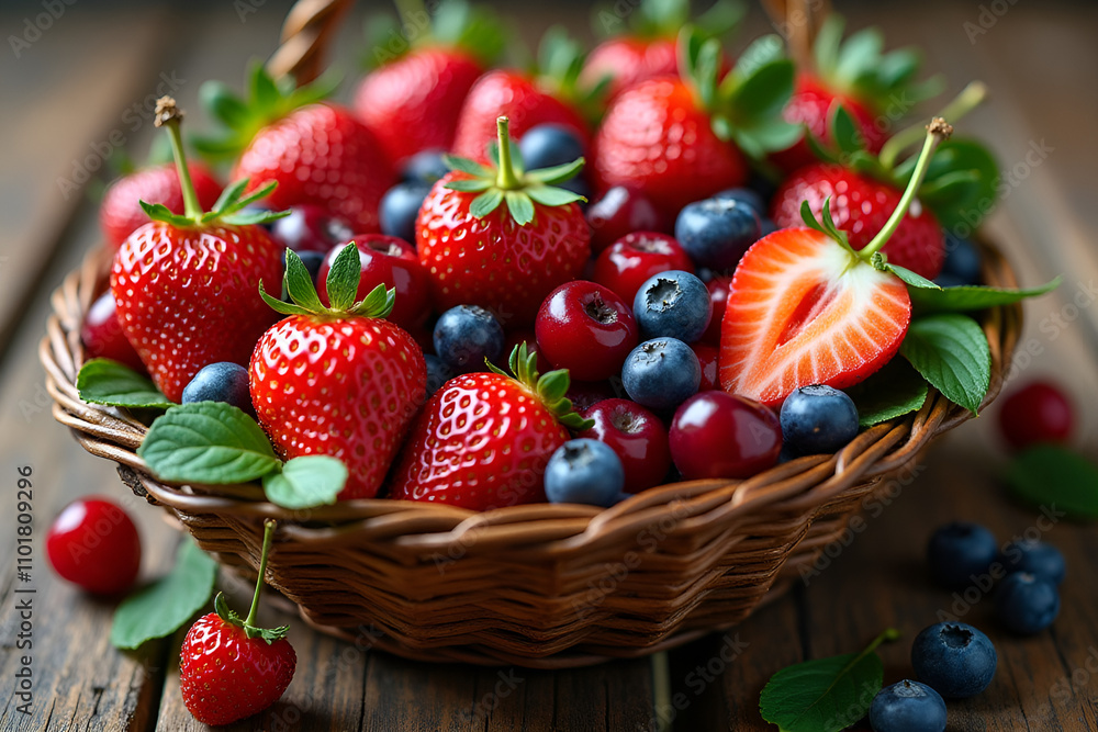 Abundant Mixed Berry Harvest in Rustic Wicker Basket on Wooden Table Abundant Mixed Berry Harvest in Rustic Wicker Basket on Wooden Table