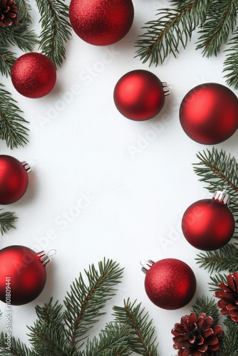 Festive decor with red ornaments and pine branches for holiday celebration