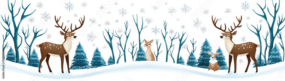 Whimsical winter wonderland featuring deer, fox, and snowy trees, creating serene and magical atmosphere. Perfect for holiday themes and seasonal decor Whimsical winter wonderland featuring deer, fox, and snowy trees, creating serene and magical atmosphere. Perfect for holiday themes and seasonal decor