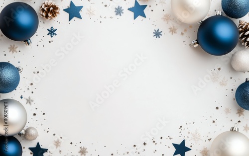 Decorative Christmas and winter elements arranged on a white surface for fest...