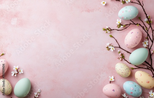 Soft pastel colored eggs and blooming branches create a serene spring decoration