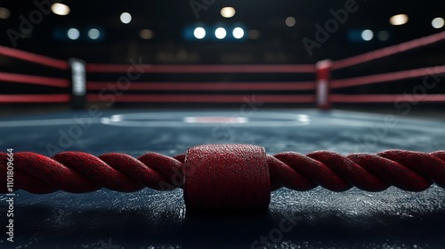 A black and red rope in the boxing ring at the stadium arena.