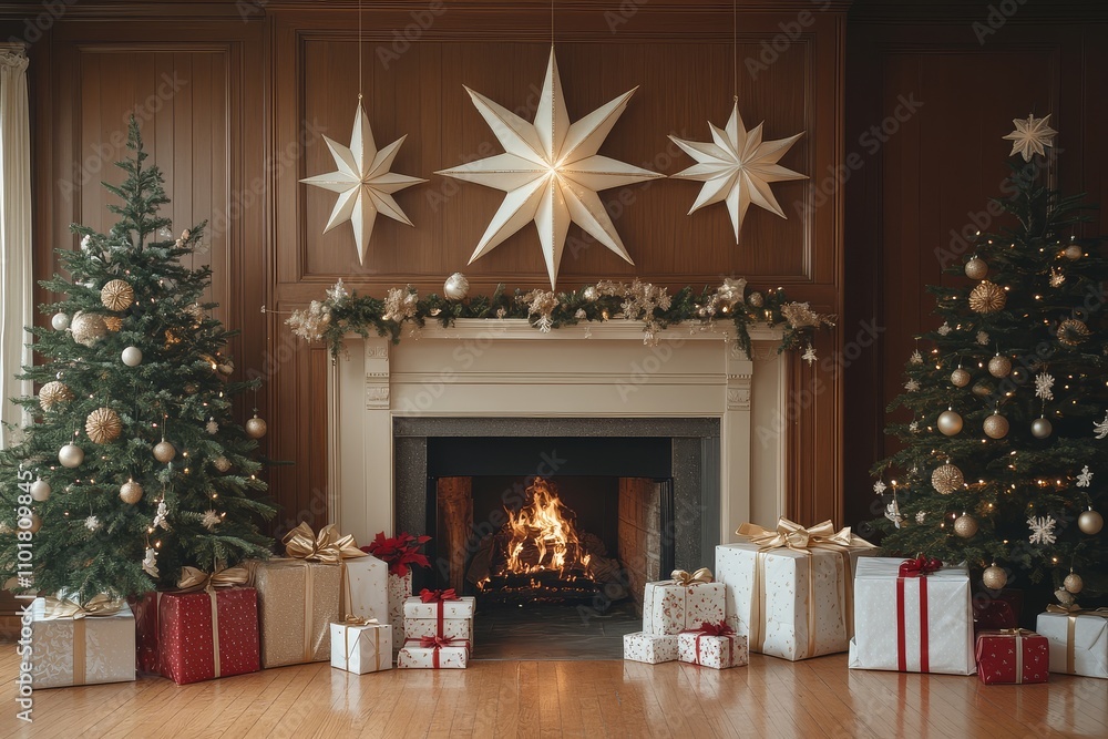 Fireplace with three white and gold Christmas stars above, wrapped gifts on the floor, decorated trees in each corner, symmetrical holiday composition. Fireplace with three white and gold Christmas stars above, wrapped gifts on the floor, decorated trees in each corner, symmetrical holiday composition.