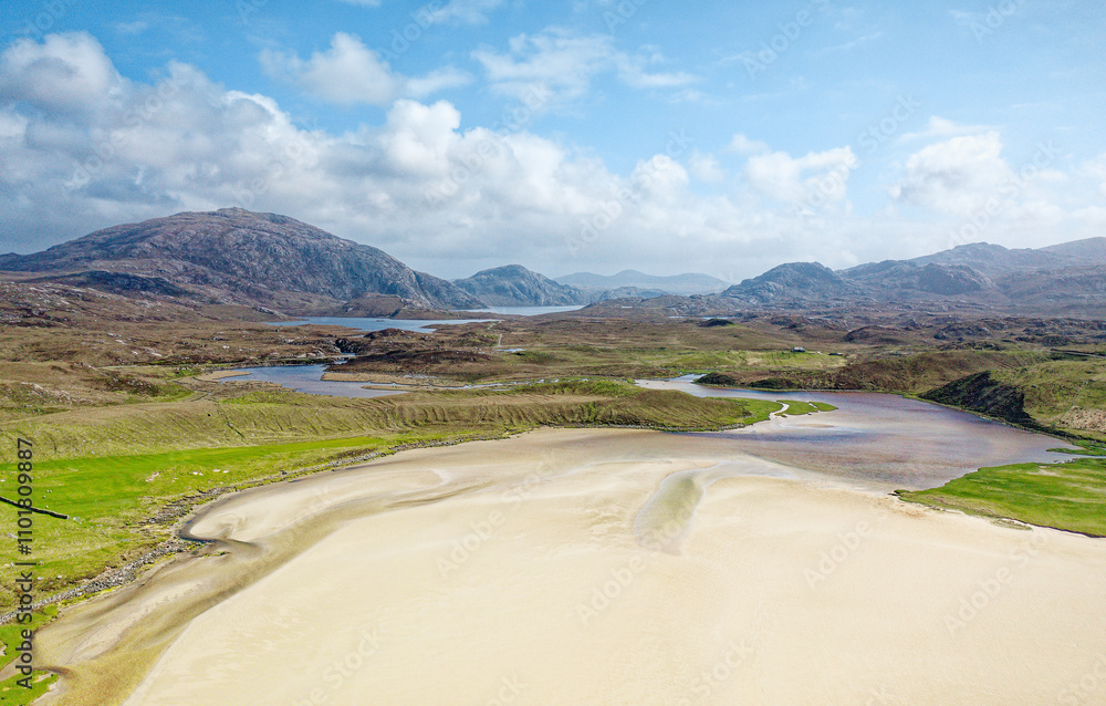 Uig Sands aka Traigh Uuige, Uig Bay, Lewis, Outer Hebrides. Looking south east from above Dun Borranish. Aerial