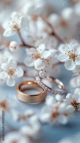Beautiful wedding rings resting on delicate cherry blossom branches in spring