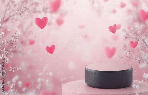 Floating hearts create a romantic atmosphere in a soft pink setting