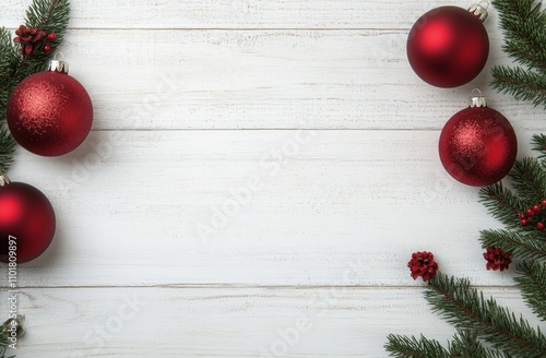 Festive decorations with red ornaments and pine branches for holiday celebration