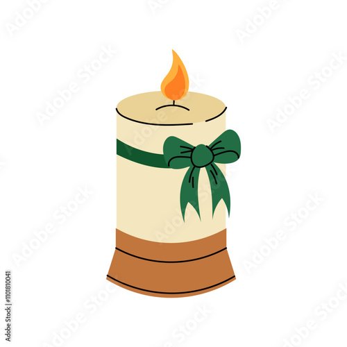 Candle tied with green ribbon. Decor to create cozy atmosphere. Elegant paraffin or wax candles on a stand. Flat illustration on a white background.