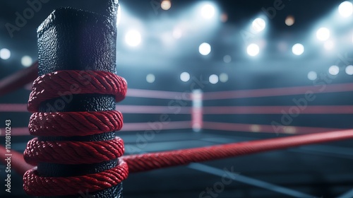 A black and red rope in the boxing ring at the stadium arena.