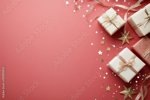 Decorative gift boxes arranged on a pink background with sparkling stars and ...