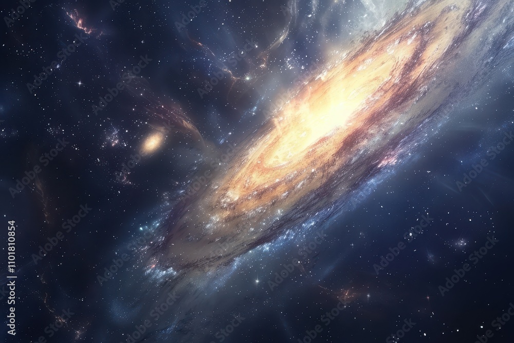 Fototapeta premium Glowing spiral galaxy with bright center and dust in deep space.