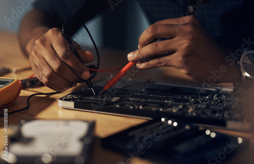 Картината върху платно Person, hands and technician on motherboard at night, repair circuit hardware in workplace
