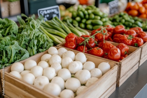 Fresh vegetables arranged in wooden boxes highlighting variety and color in culinary display photo