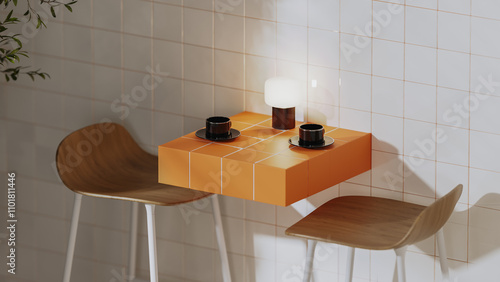 Modern cafe table with orange tiles and coffee cups, lamp and wooden chairs, coffee shop interior close up, 3d render
