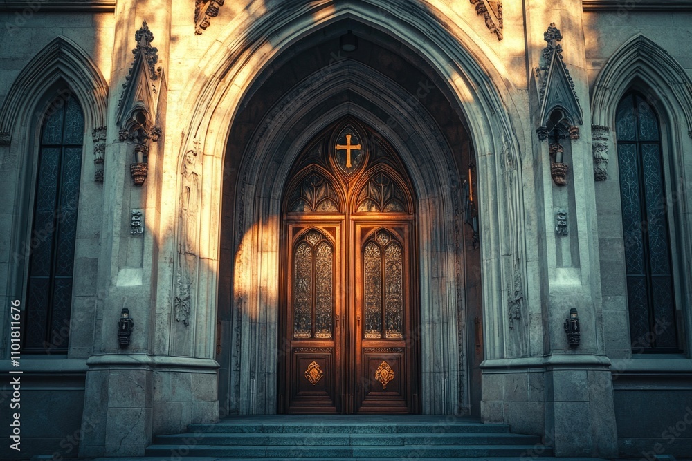 Image of a church entrance with a cross on the door, suitable for use in various contexts such as faith-based or religious settings Image of a church entrance with a cross on the door, suitable for use in various contexts such as faith-based or religious settings