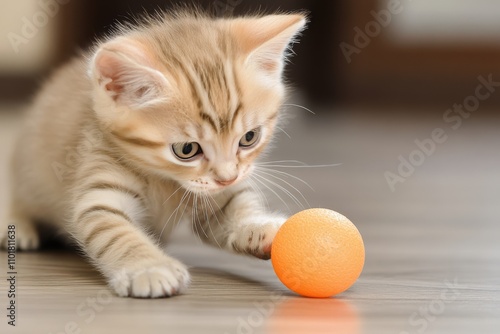 Playful kitten discovers a small orange ball in a cozy indoor space