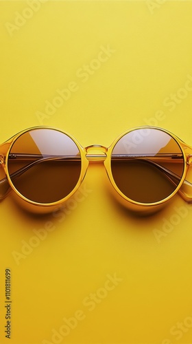 Stylish round sunglasses resting on a bright yellow background with distinct ...