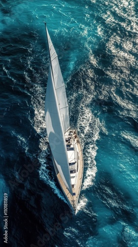 Sailing through azure waters among coastal reefs during a bright sunny day