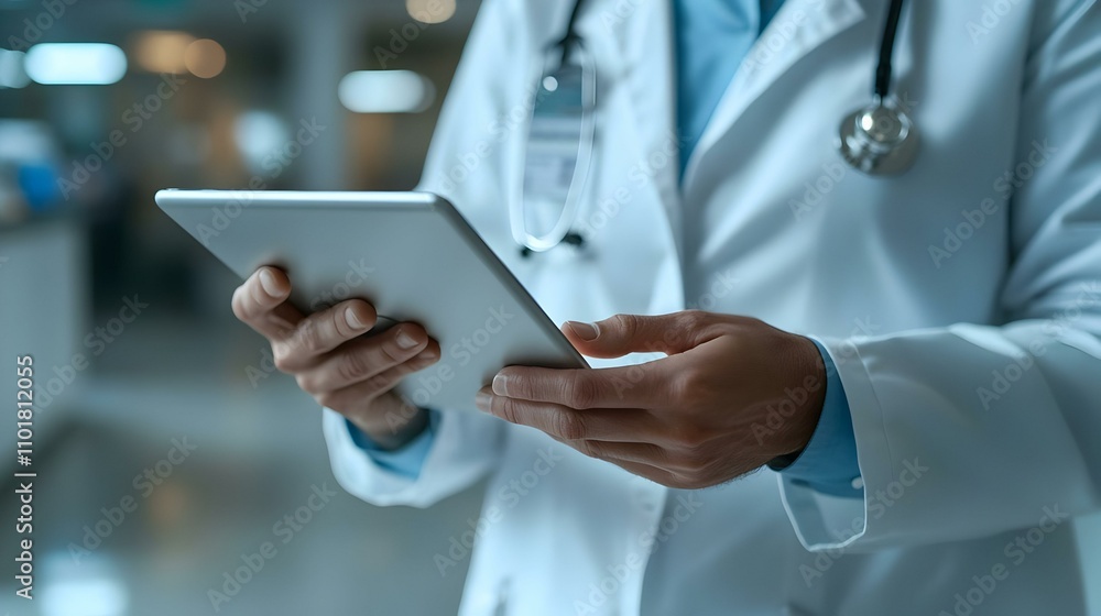 Healthcare Professional Analyzing Patient Data Remotely on Tablet in Modern Office Healthcare Professional Analyzing Patient Data Remotely on Tablet in Modern Office