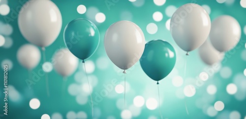 Colorful balloons floating above a blurred turquoise background during an eve...