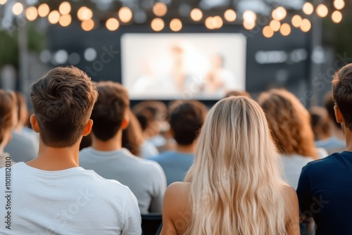 Group of men attentively watching a presentation in a modern conference space...