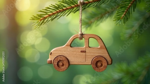 A wooden car hangs on spruce branches. Christmas card.