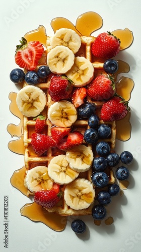 Delicious waffles topped with fresh fruit and syrup on a light background