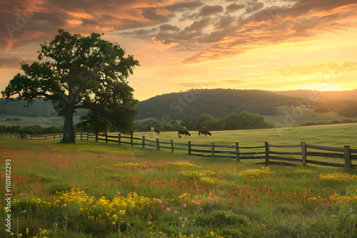 Sunset Serenity: Tranquil Landscape of Grazing Cattle in a Blooming Meadow Under an Oak Tree