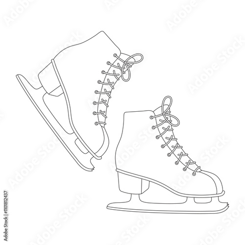 Hand drawn ice figure skates in black outline isolated on white background. Vintage style. Vector illustration