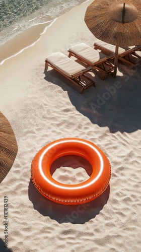 Relaxing day at the beach with sun loungers and an orange float on the sand