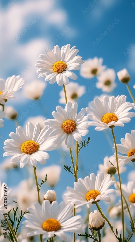 Fototapeta premium Fields of daisies blooming under a clear blue sky in springtime sunlight