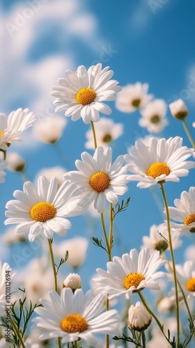 Fields of daisies blooming under a clear blue sky in springtime sunlight