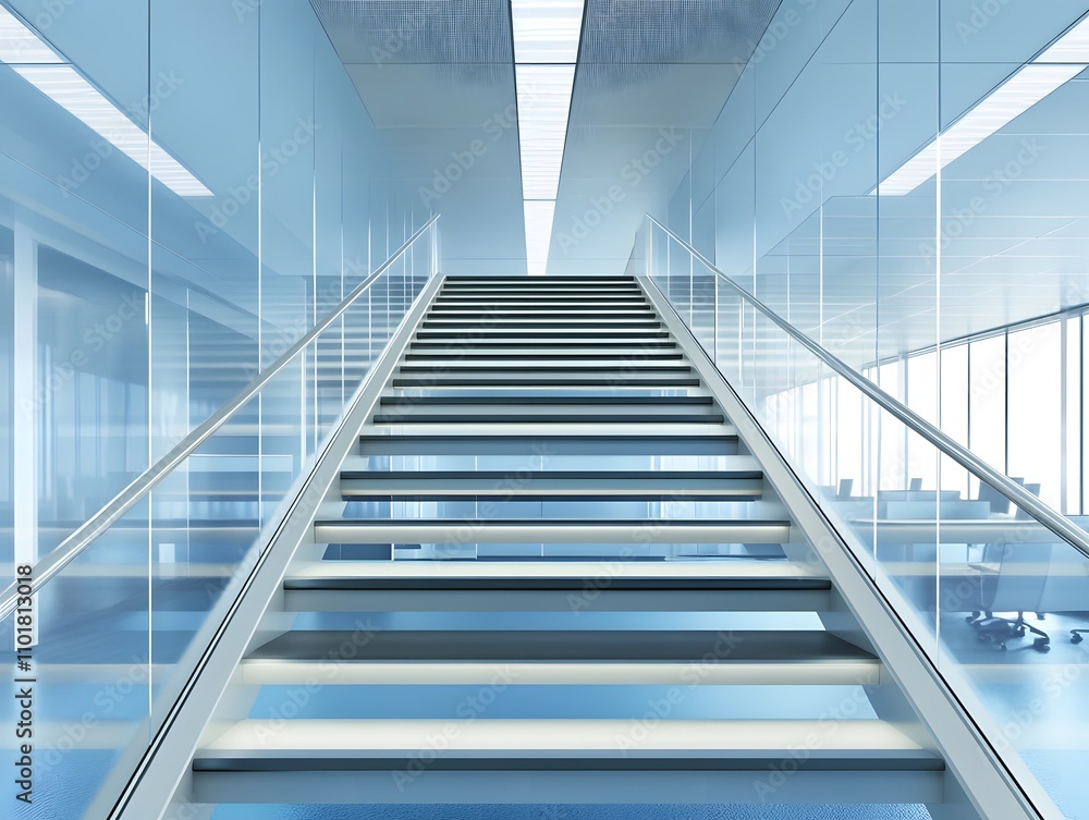 A modern staircase leads to an upper level in a sleek, glass-walled office environment. A modern staircase leads to an upper level in a sleek, glass-walled office environment.